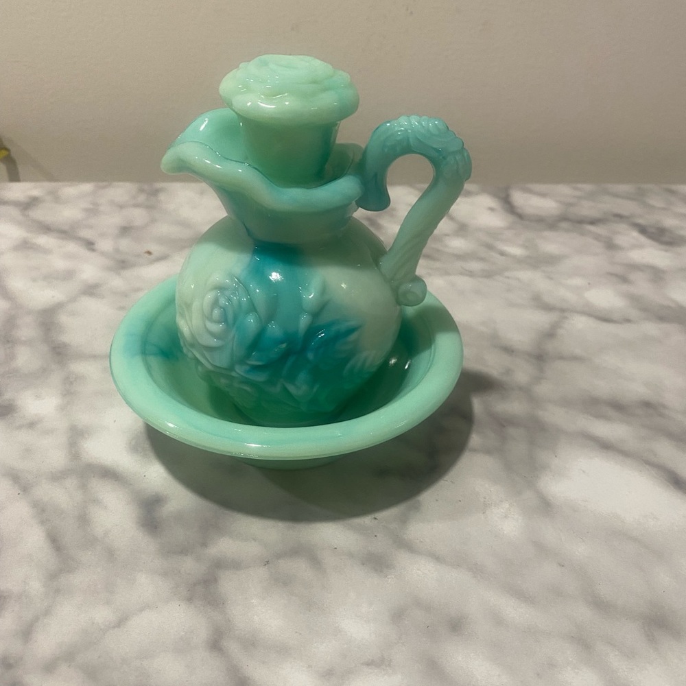 Vintage AVON Victoriana Pitcher Cruet & Bowl Set Aqua Mint Blue Green Slag Glass
